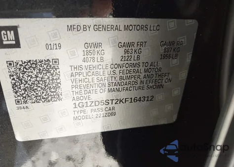 2019 Chevrolet Malibu Lt из США, поврежденный, VIN 1G1ZD5ST2KF164312